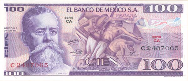 Mexico - 100 Pesos - P-66a - 1974 dated Foreign Paper Money 